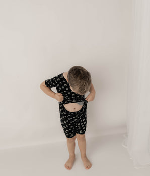 Change-A-Roo™ Front Opening Shortie Romper in Monochrome Rainbow