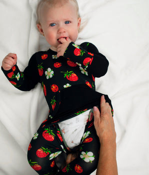 Change-A-Roo™ Front Opening Romper in Strawberry Fields