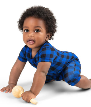 Front Opening Ready Set Romper® Shortie in Blue Buffalo Plaid