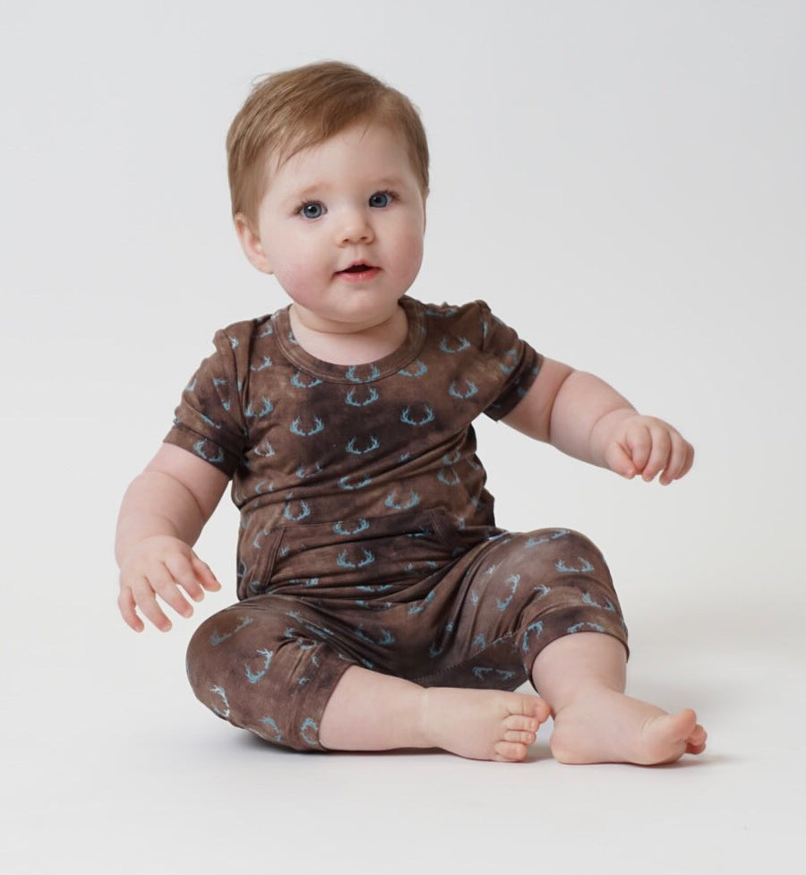 Front Opening Shortie Romper in Antlers | Bamboo Viscose