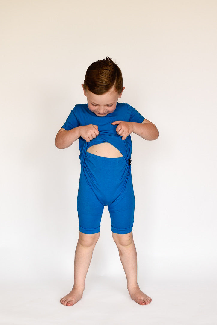 Front Opening Shortie Romper in Azure | Bamboo Viscose
