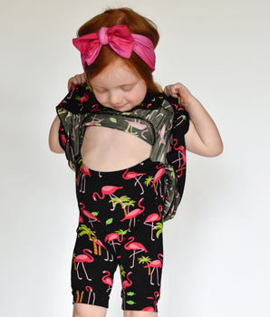 Switch-A-Roo™ Reversible Opening Twirl Shortie Romper in Flamingos