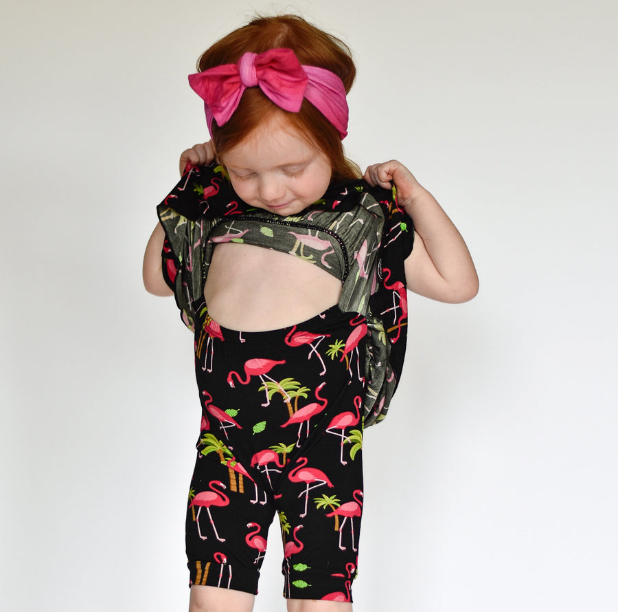 Switch-A-Roo™ Reversible Opening Twirl Shortie Romper in Flamingos | Bamboo Viscose