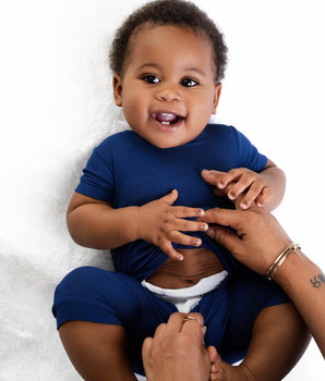 Front Opening Shortie Ready Set Romper® in Ribbed Into the Blue