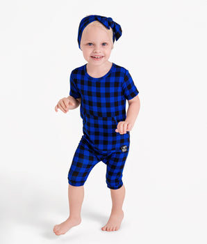 Front Opening Ready Set Romper® Shortie in Blue Buffalo Plaid