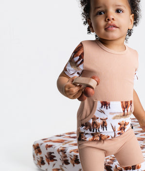 Front Opening Ready Set Romper® Shortie in Highland Dreams + Ribbed Caramel