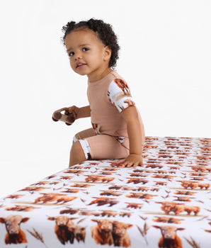 Bamboo Crib Sheet in Highland Dreams + Ribbed Caramel