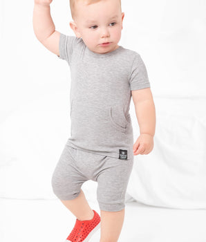 Front Opening Ready Set Romper® Shortie in Ribbed Heathered Grey