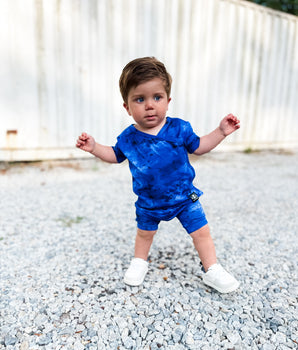 Wrap-A-Roo™ Wrap Opening Shortie Romper in Marbled Sapphire