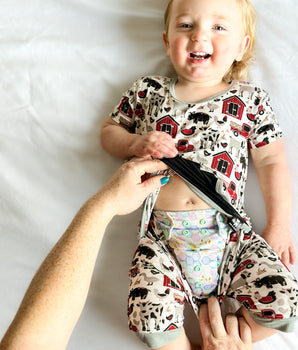Change-A-Roo™ Front Opening Shortie Romper in Farm Life
