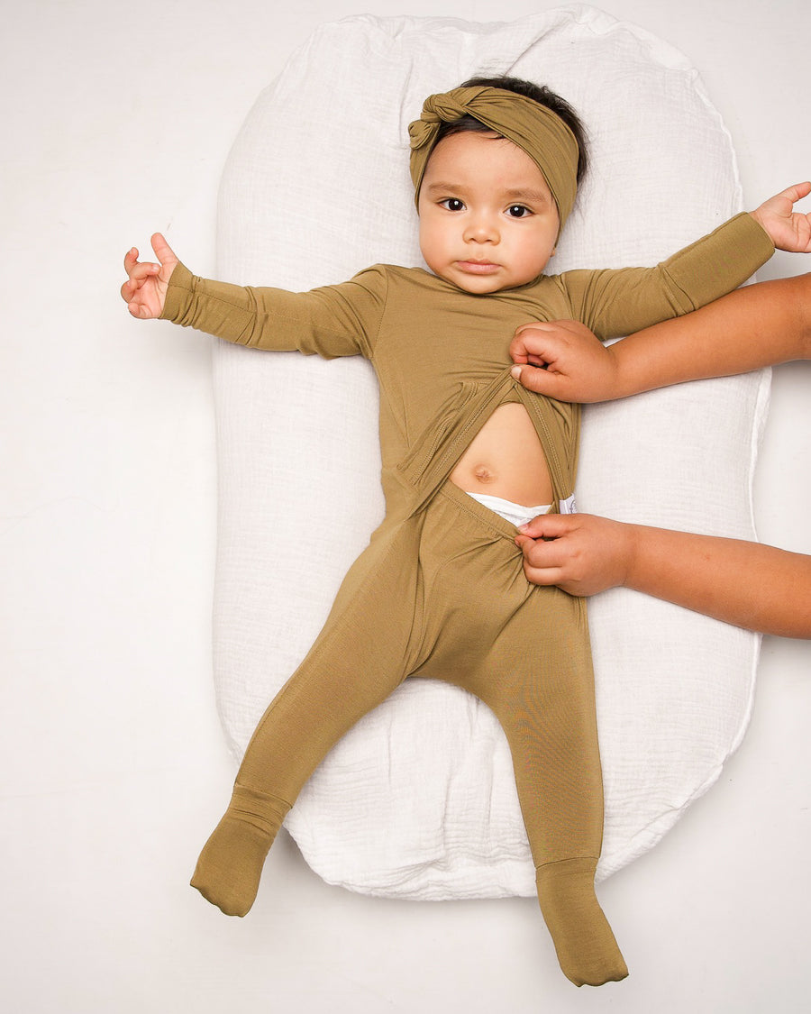 Front Opening Romper in Khaki | Bamboo Viscose
