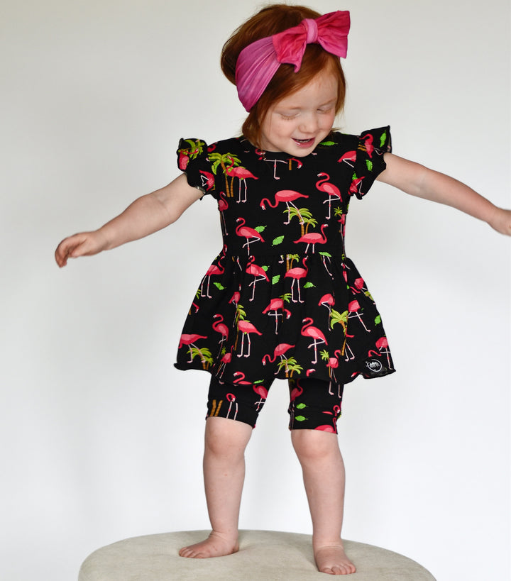 Switch-A-Roo™ Reversible Opening Twirl Shortie Romper in Flamingos | Bamboo Viscose