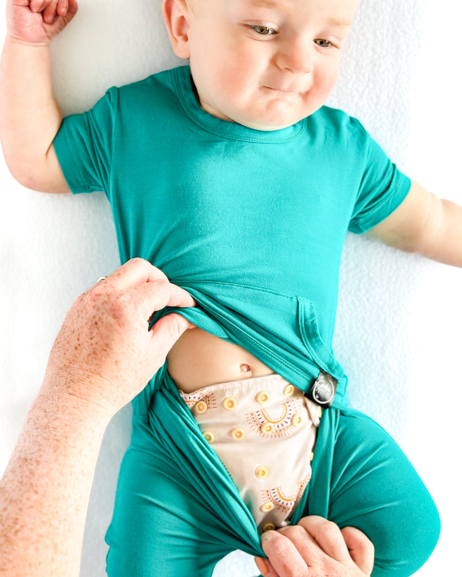 Front Opening Romper in Jade | Bamboo Viscose