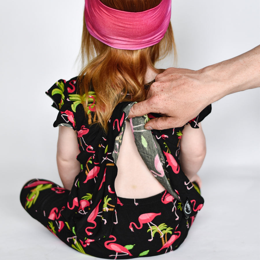 Switch-A-Roo™ Reversible Opening Twirl Shortie Romper in Flamingos | Bamboo Viscose