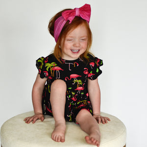 Switch-A-Roo™ Reversible Opening Twirl Shortie Romper in Flamingos | Bamboo Viscose