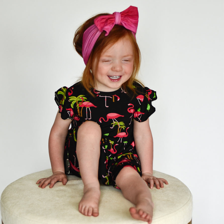 Switch-A-Roo™ Reversible Opening Twirl Shortie Romper in Flamingos | Bamboo Viscose