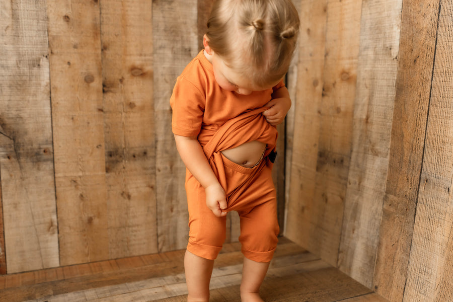 Front Opening Shortie Romper in Yams | Bamboo Viscose