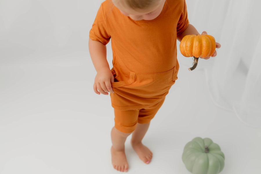 Front Opening Shortie Romper in Yams | Bamboo Viscose