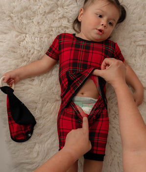 Change-A-Roo™ Front Opening Shortie Romper in Tartan Plaid