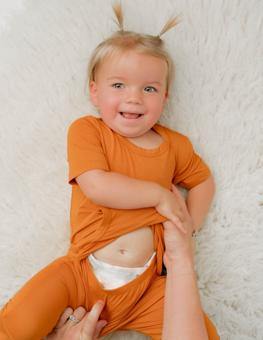 Front Opening Shortie Romper in Yams | Bamboo Viscose