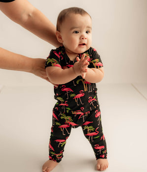 Front Opening Romper in Flamingos | Bamboo Viscose