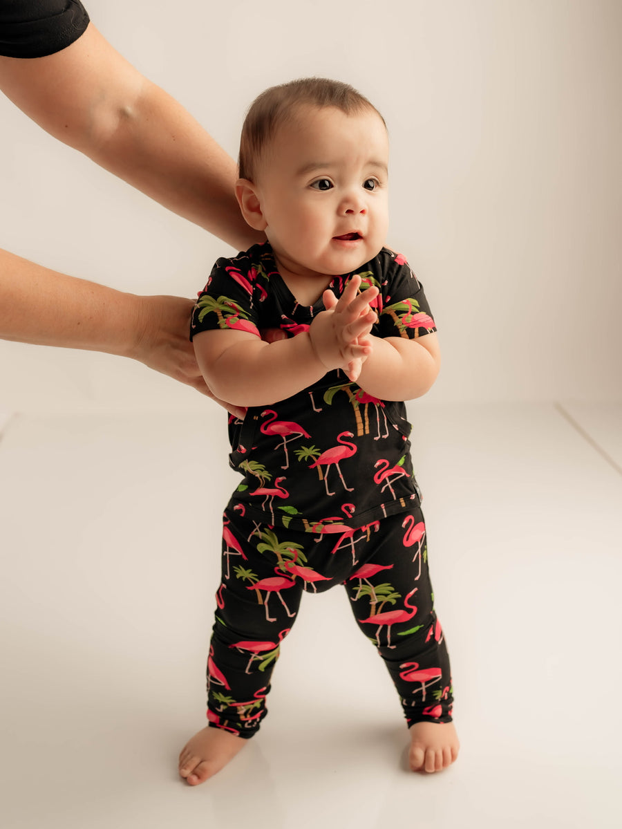 Front Opening Romper in Flamingos | Bamboo Viscose