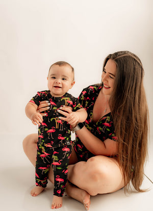 Front Opening Romper in Flamingos | Bamboo Viscose