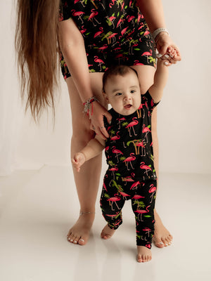 Front Opening Romper in Flamingos | Bamboo Viscose