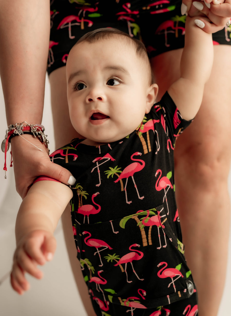 Front Opening Romper in Flamingos | Bamboo Viscose
