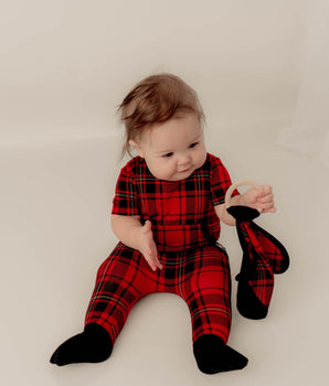 Change-A-Roo™ Front Opening Romper in Tartan Plaid