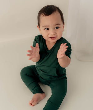 Front Opening Ready Set Romper® in Sage-white logo tag