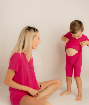 Front Opening Shortie Romper in Fuchsia