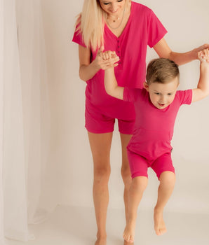 Front Opening Shortie Romper in Fuchsia