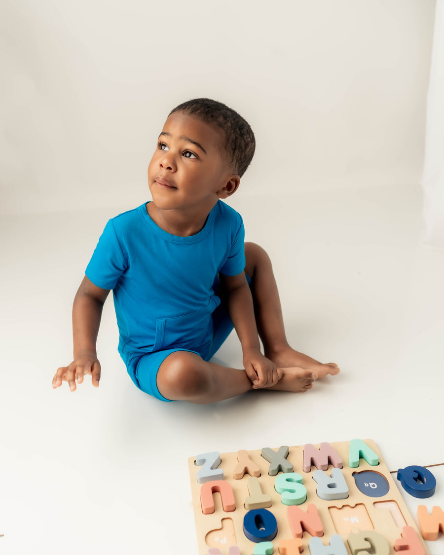 Front Opening Shortie Romper in Azure | Bamboo Viscose