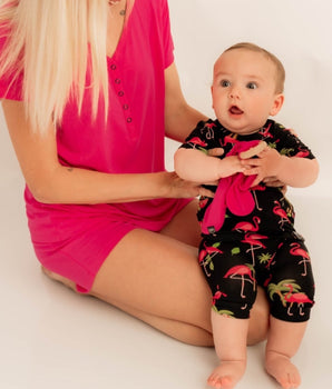 Front Opening Shortie Romper in Flamingos