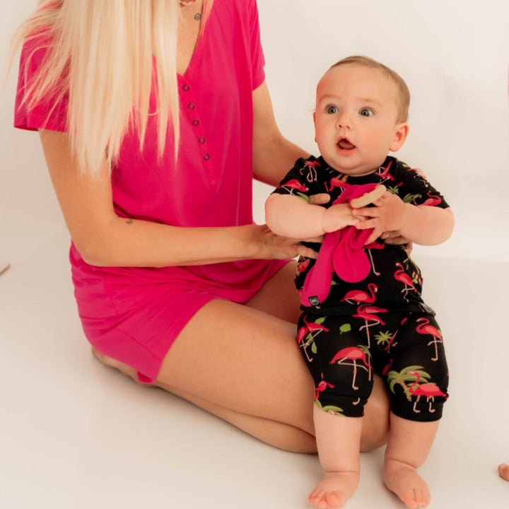 Front Opening Shortie Romper in Flamingos | Bamboo Viscose
