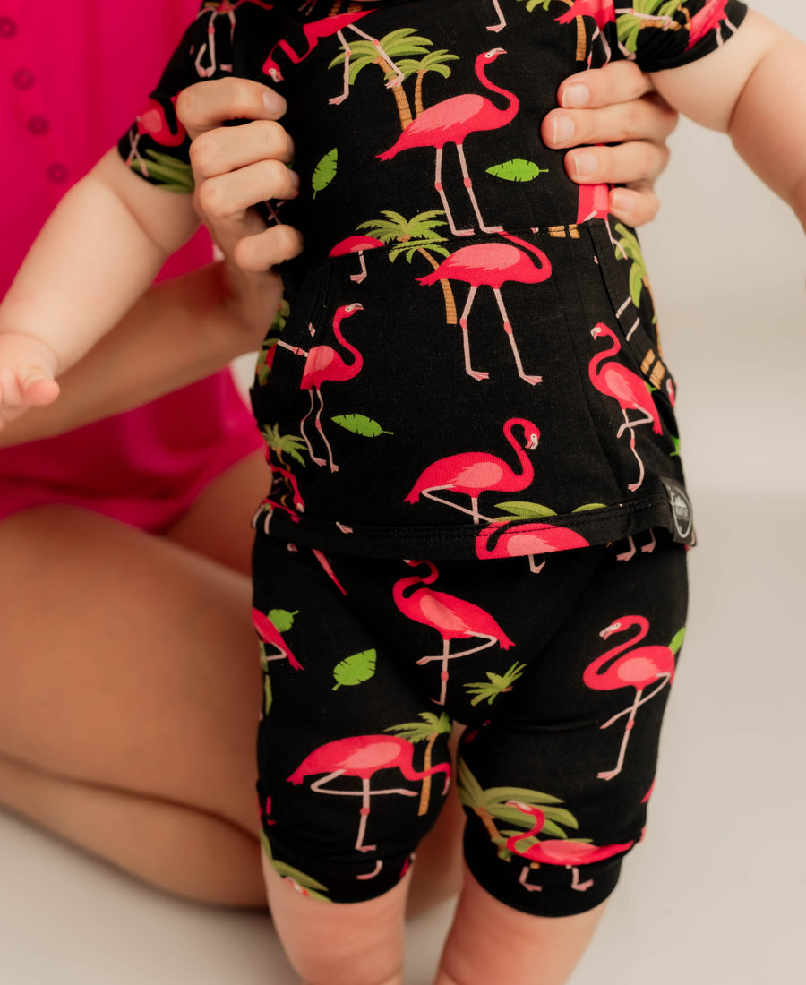 Front Opening Shortie Romper in Flamingos | Bamboo Viscose