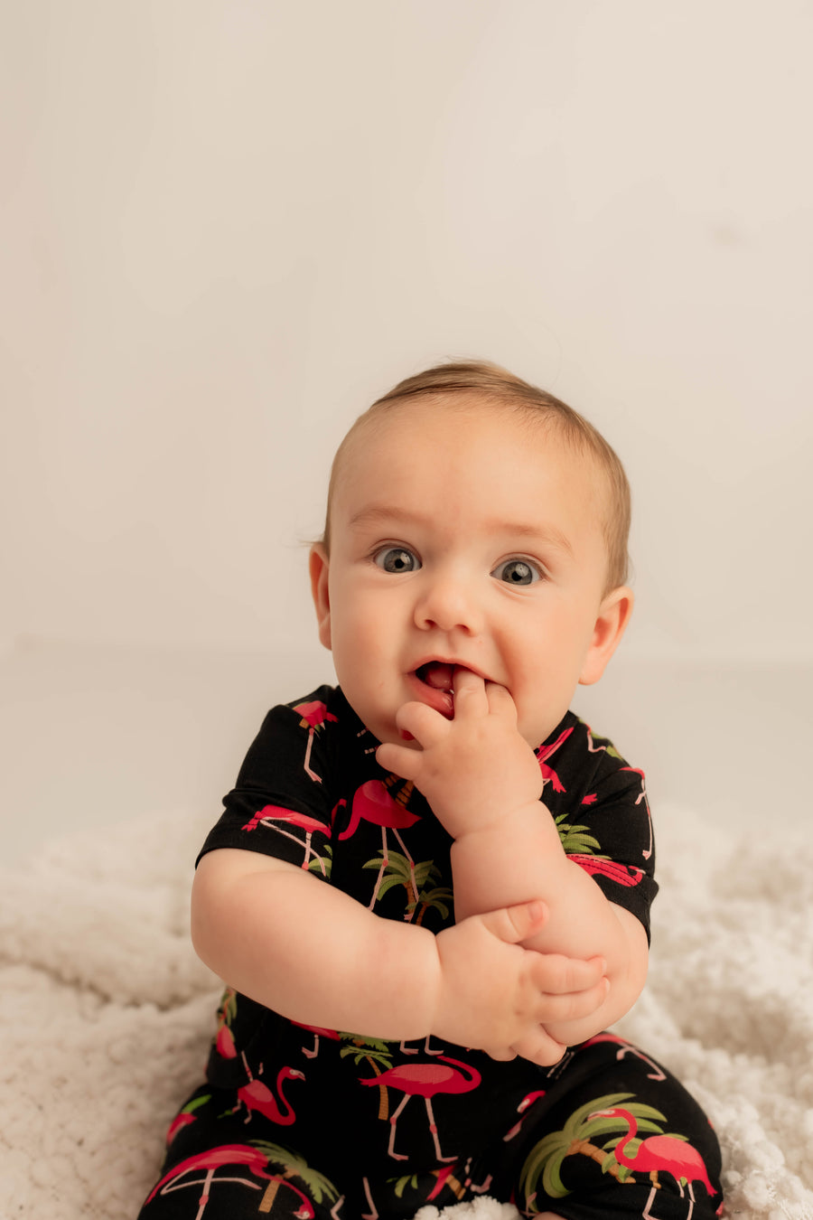 Front Opening Shortie Romper in Flamingos | Bamboo Viscose