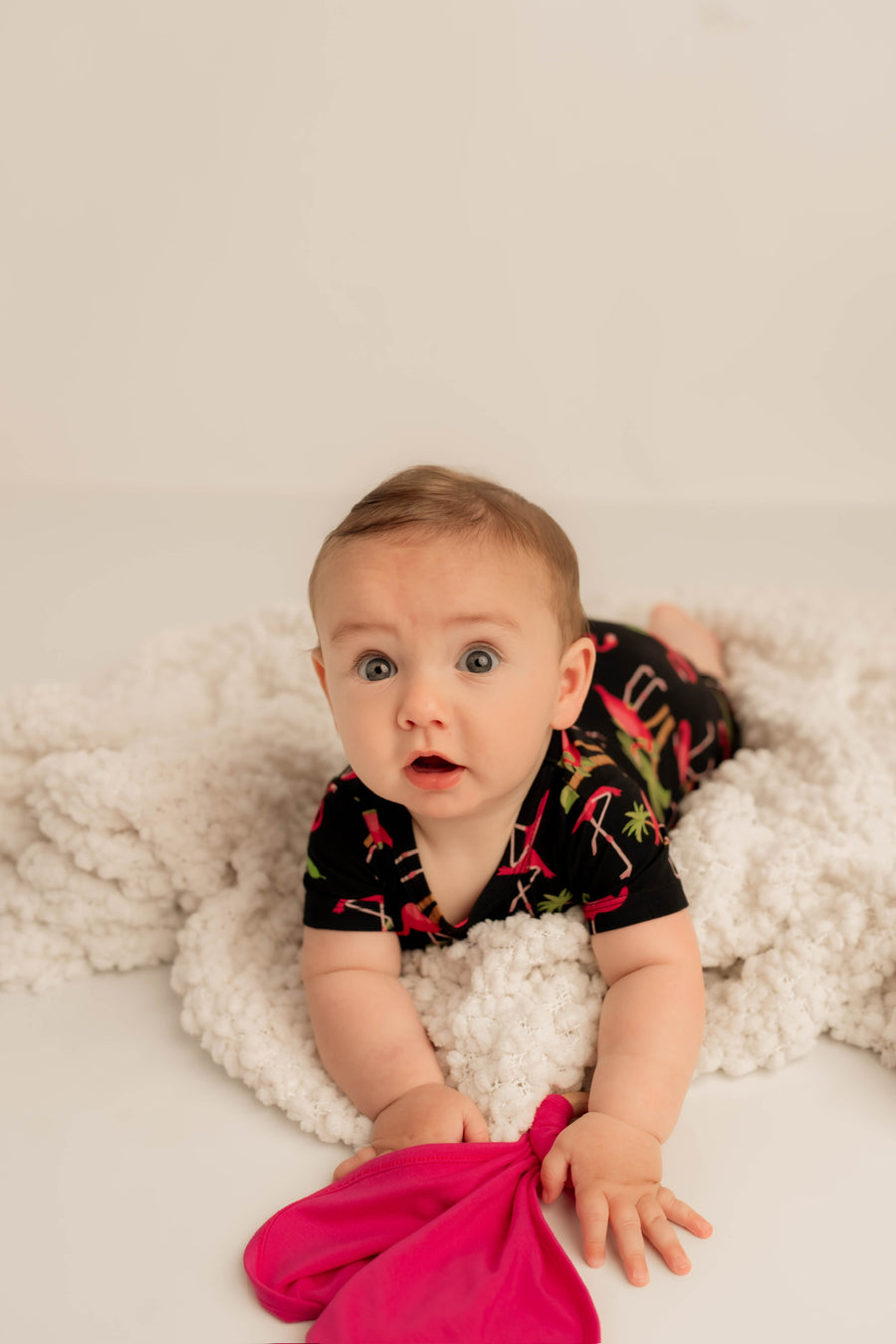 Front Opening Shortie Romper in Flamingos | Bamboo Viscose