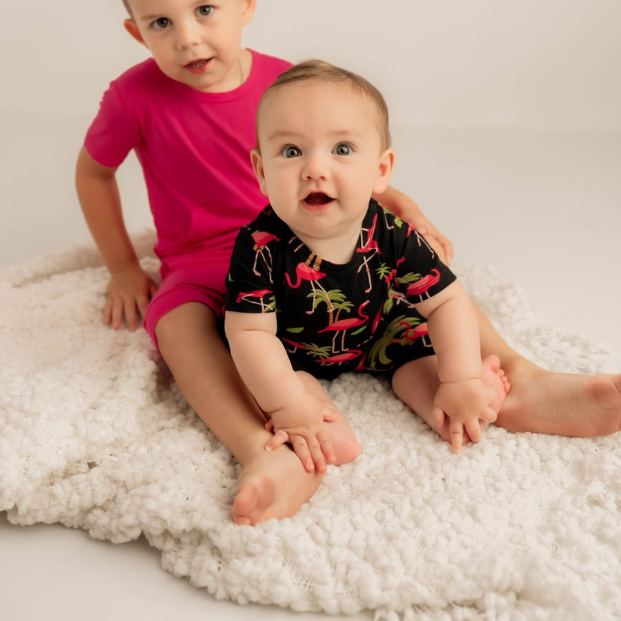Front Opening Shortie Romper in Flamingos | Bamboo Viscose