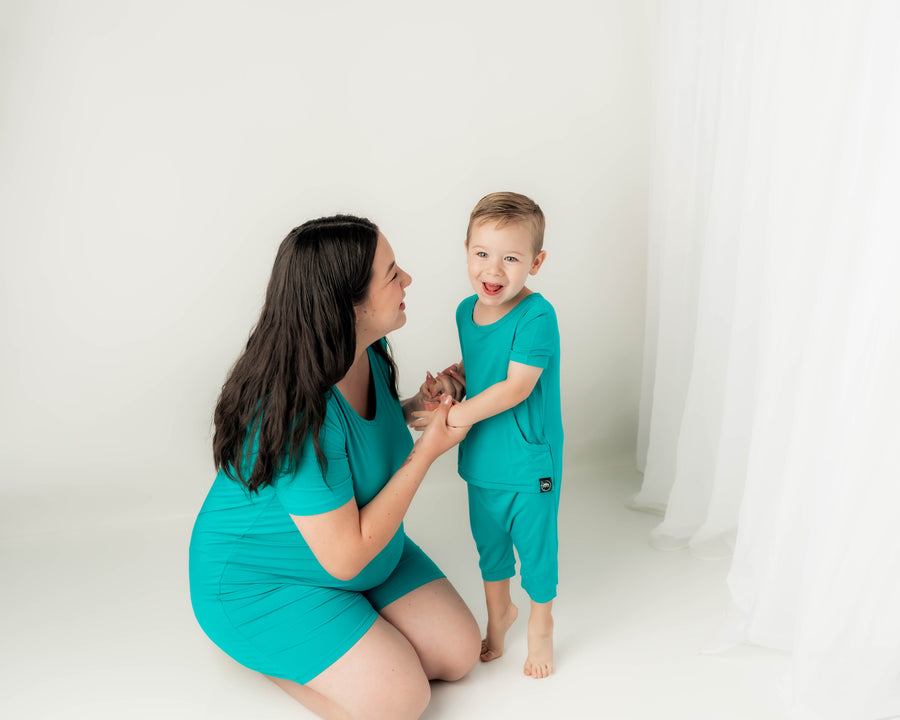 Front Opening Shortie Romper in Jade | Bamboo Viscose