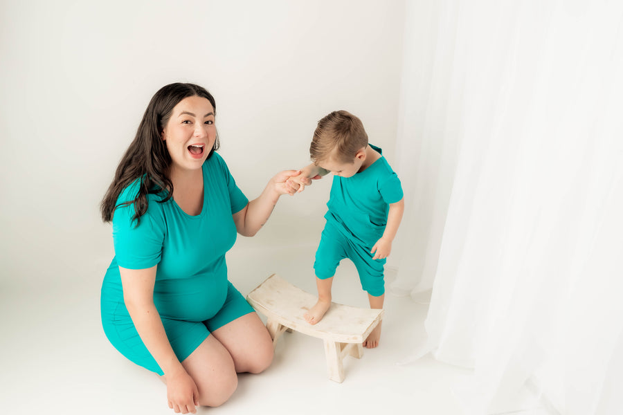 Front Opening Shortie Romper in Jade | Bamboo Viscose