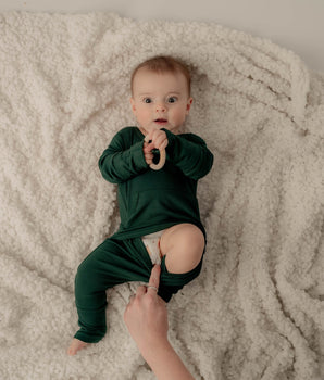 Front Opening Romper in Sage- white logo