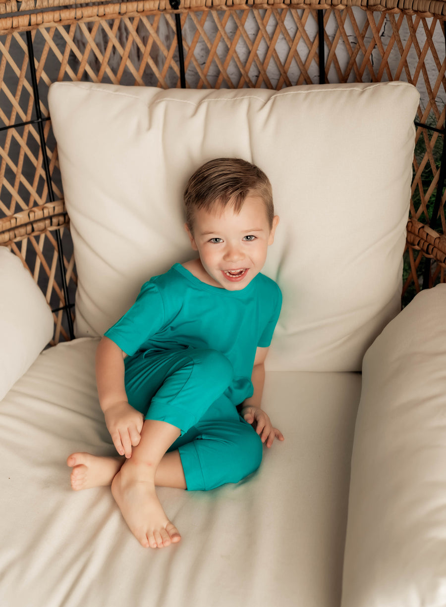 Front Opening Shortie Romper in Jade | Bamboo Viscose