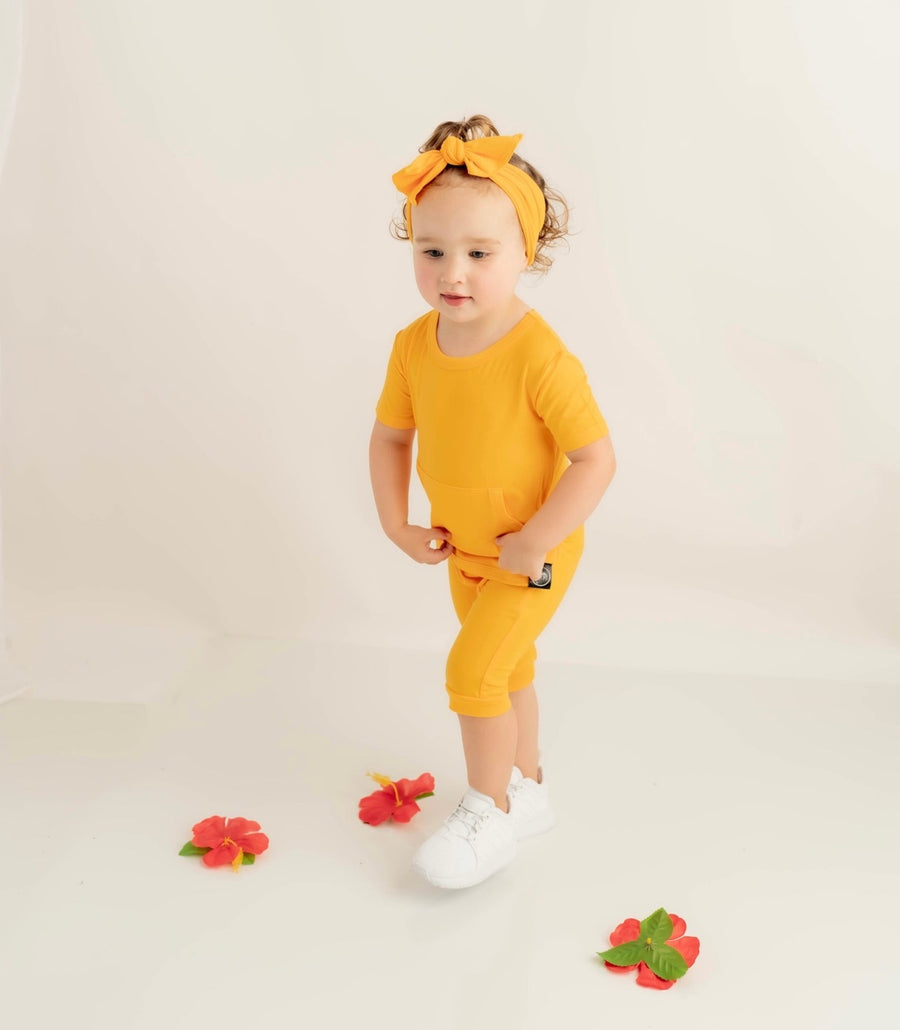 Front Opening Shortie Romper in Mango | Bamboo Viscose