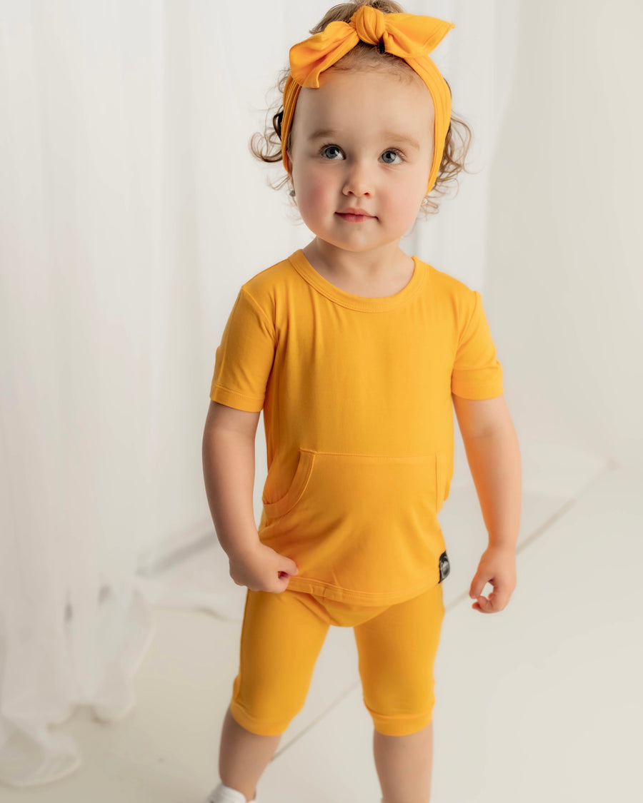 Front Opening Shortie Romper in Mango | Bamboo Viscose