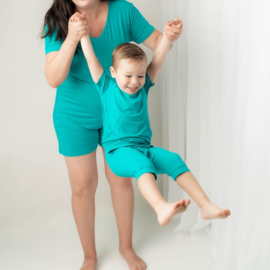 Front Opening Shortie Romper in Jade | Bamboo Viscose