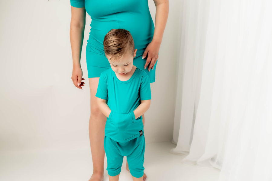 Front Opening Shortie Romper in Jade | Bamboo Viscose