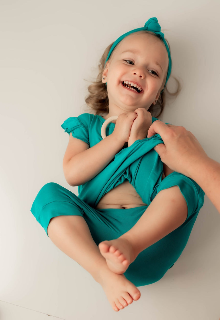 Switch-A-Roo ™ Reversible Opening Twirl Shortie Romper in Jade | Bamboo Viscose