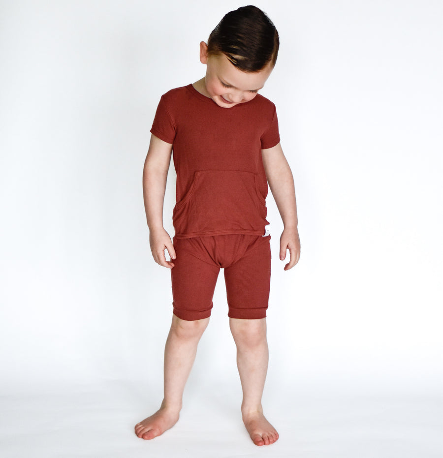 Front Opening Shortie Romper in Memphis Rust | Bamboo Viscose